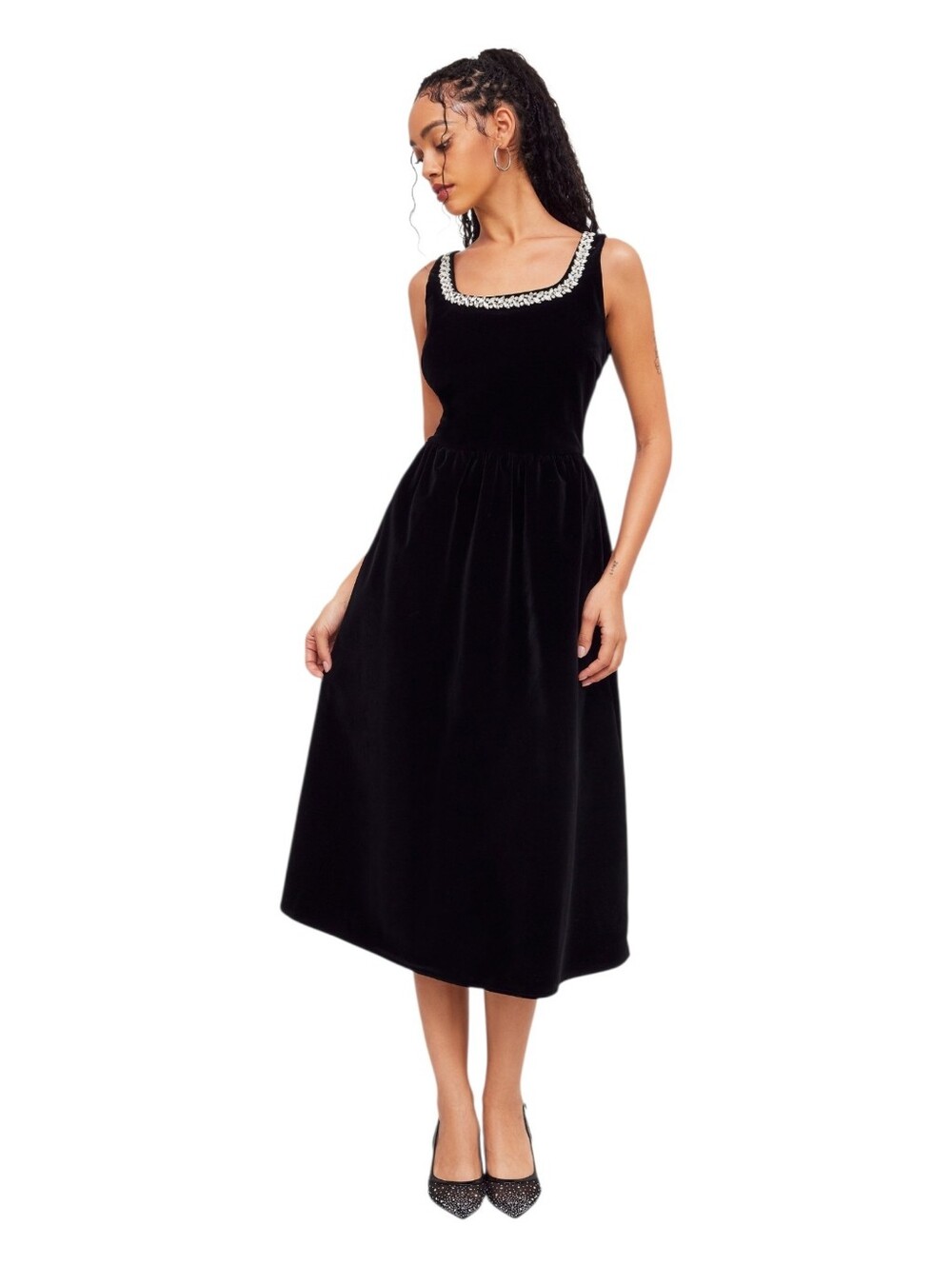 Cider Velvet Rhinestone Midi Dress Black Square Neck A-Line Cocktail XL NWT